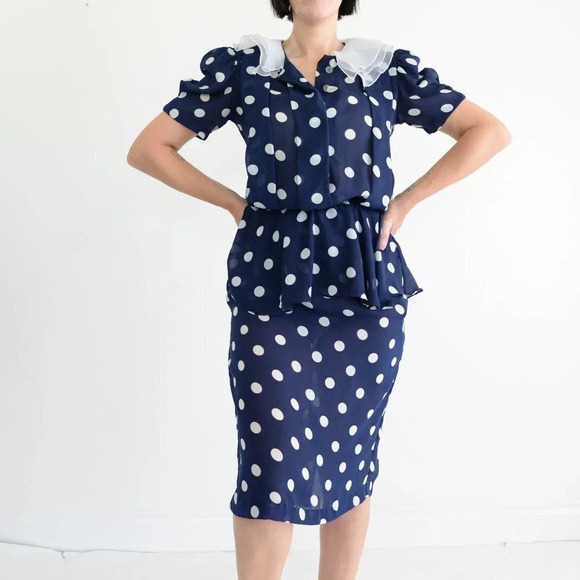 Vintage Hrlsten Navy  Polka Dot Short Sleeve Midi Dress Size 10 - Picture 3 of 15